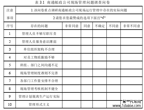 表 3.1 南通邮政公司现场管理问题调查问卷