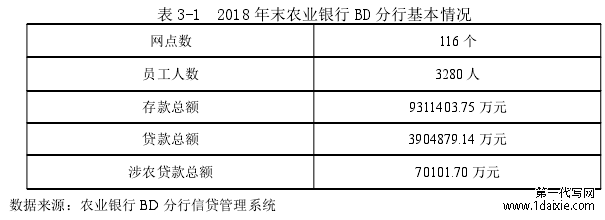 表 3-1 2018 年末农业银行 BD 分行基本情况