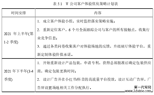 表 5.1 V 公司客户体验优化策略计划表