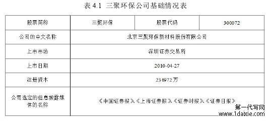 表 4.1 三聚环保公司基础情况表